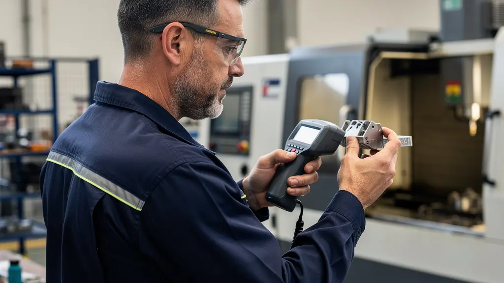 Technicien industriel vérifiant un marquage laser sur pièce métallique en atelier