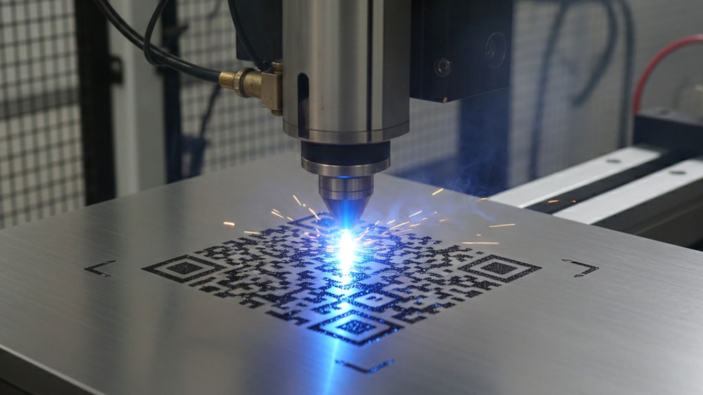 Code DataMatrix gravé au laser sur pièce en acier inoxydable industrielle