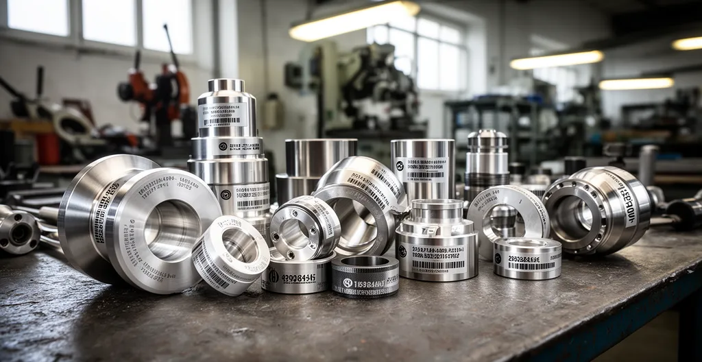 Ensemble de pièces industrielles en inox aluminium et plastique avec marquages laser visibles