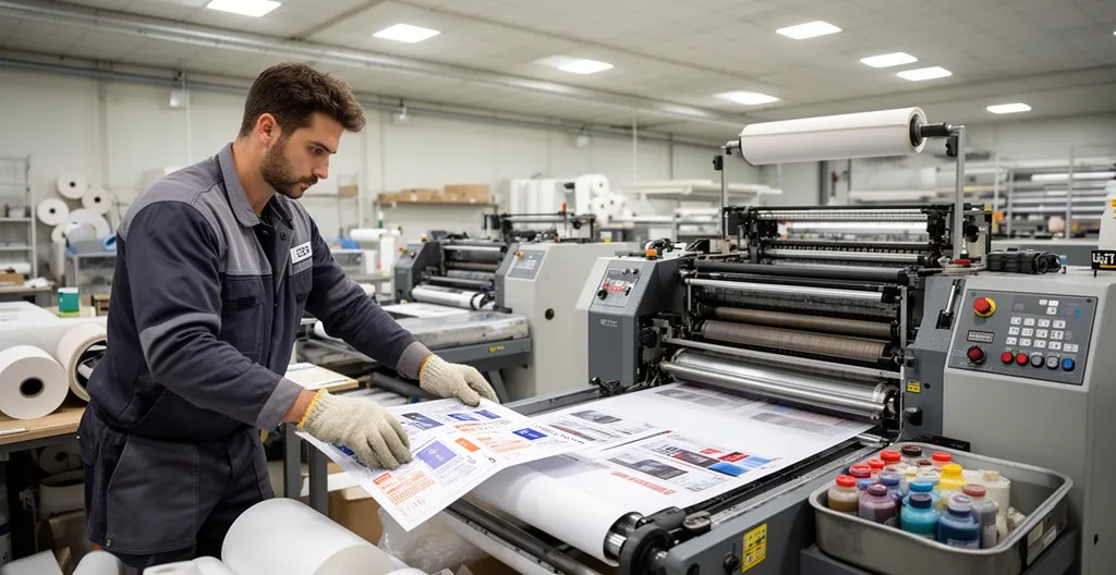 Opérateur effectuant un contrôle qualité sur une presse offset