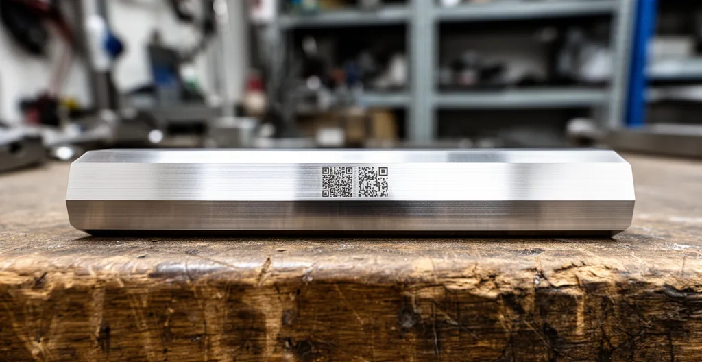 Code DataMatrix gravé au laser sur pièce en acier inoxydable industrielle