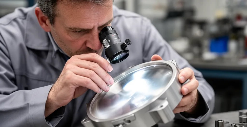 Technicien industriel contrôlant une pièce métallique marquée au laser dans un atelier de production