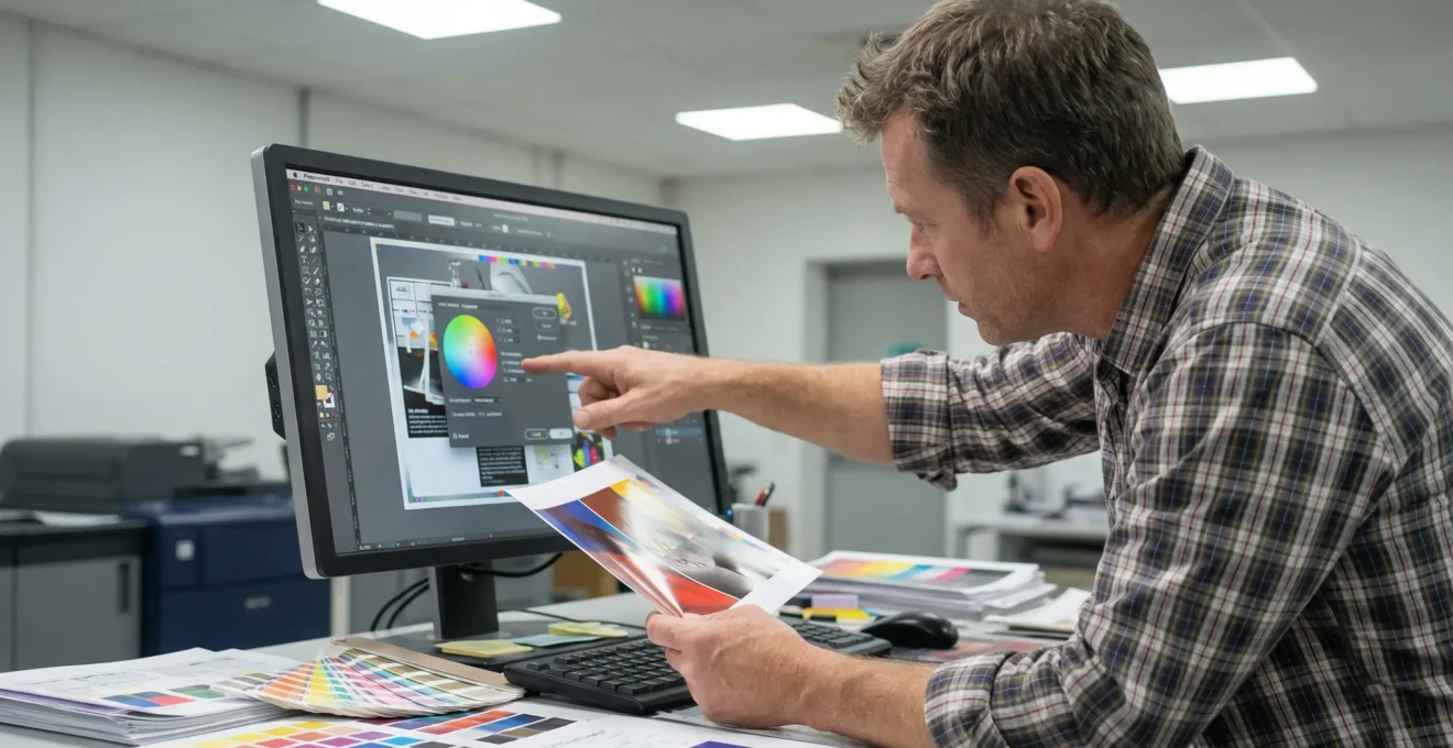 Technicien réalisant une vérification prépresse avec épreuves couleurs
