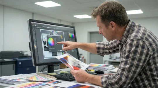 Technicien réalisant une vérification prépresse avec épreuves couleurs
