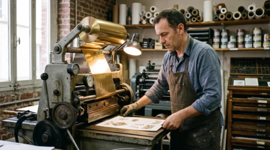 Imprimeur alignant une feuille sous la presse à dorer à chaud dans un atelier d'impression artisanal.
